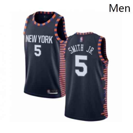 Mens New York Knicks 5 Dennis Smith Jr Authentic Navy Blue Basketball Jersey 2018 19 City Edition